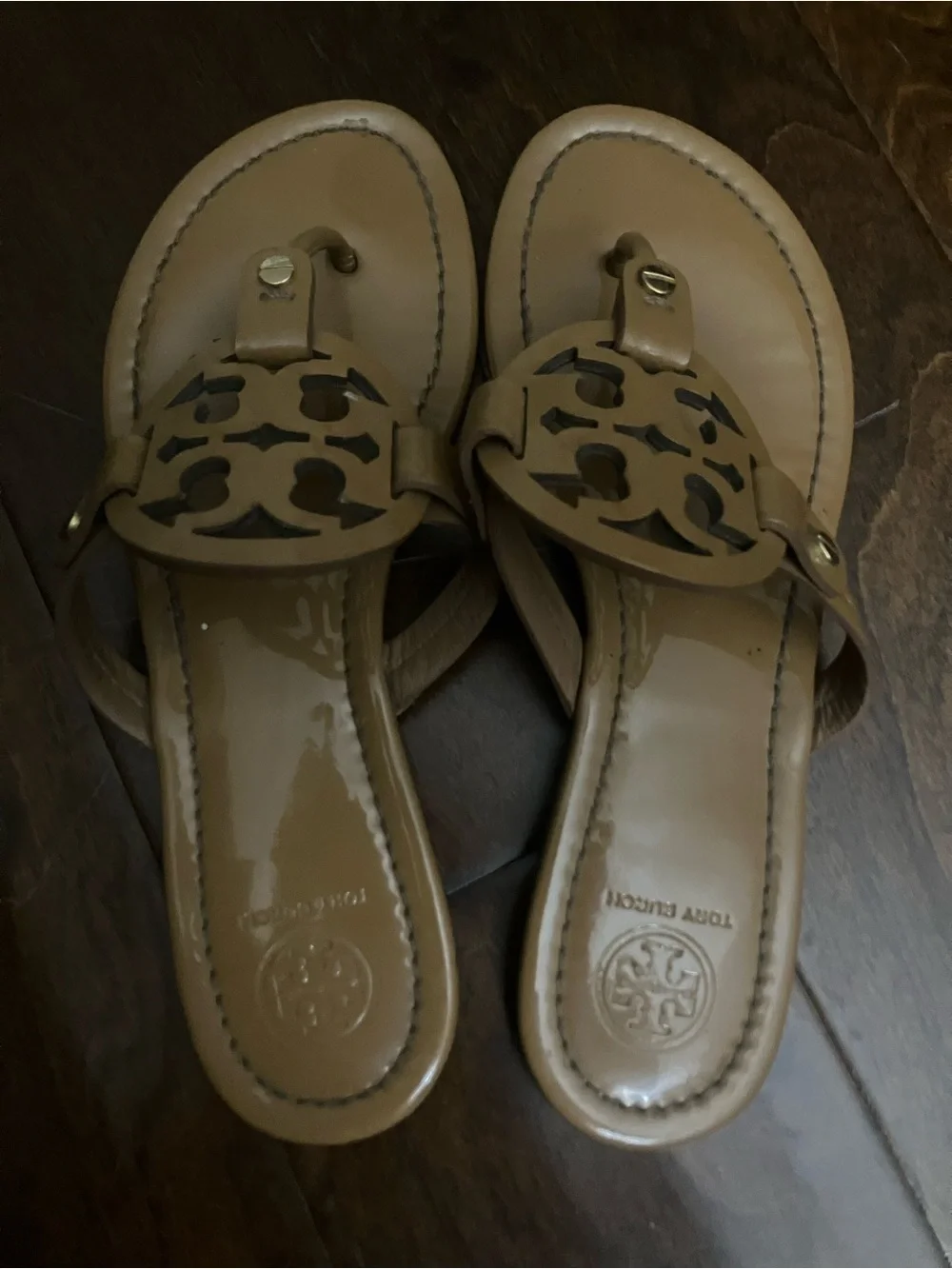 Tory Burch Glossy Tan Logo Thong Sandals